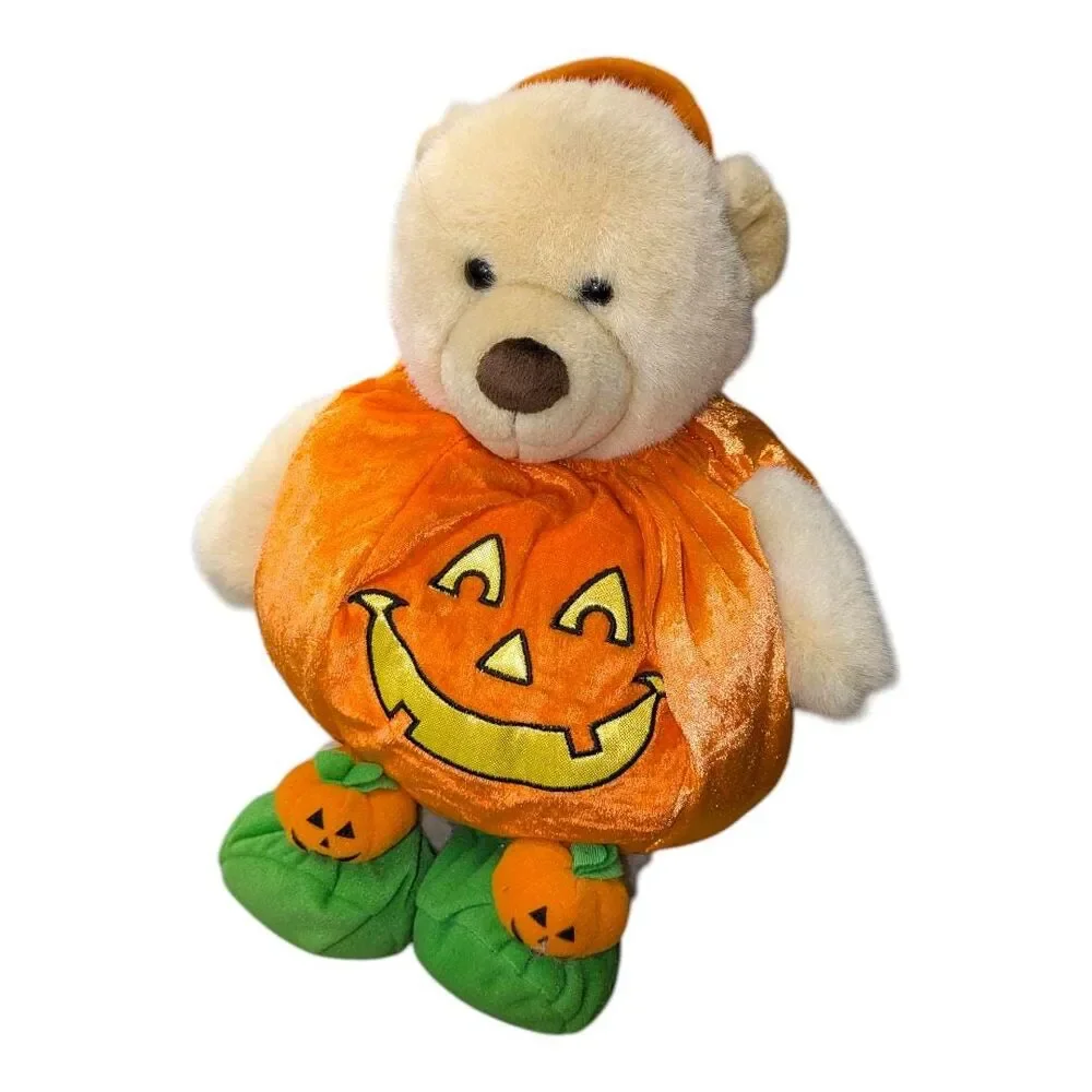 Halloween Pumpkin Teddy Bear Plush Cream Bear in Jack-O-Lantern Costume Fall
